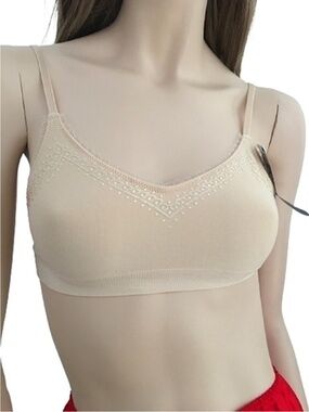 WACOAL Nylon Bra Bralette Unwired Nude Tulle Embellished Lace 36 Unpadded